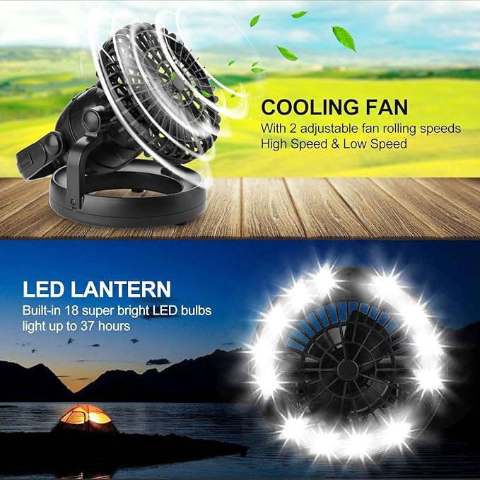Odoland Bundle - 2 Items Portable LED Camping Lantern ＆ Portable Misting Fan with Light & 250mL Water Tank