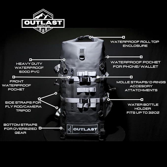 Waterproof Backpack 40L Roll Top Enclosure Dry Bag Fishing Backpack, Hiking,Camping Adventure Ready (Black)