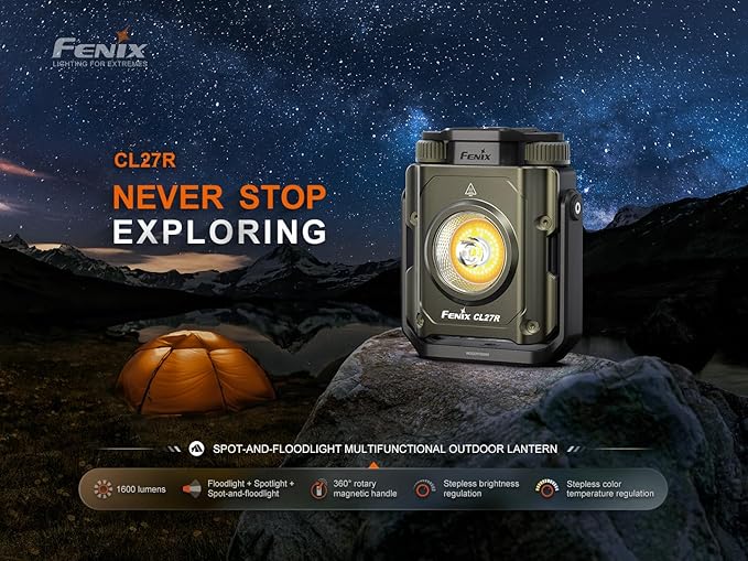 Fenix CL27R Camping Lantern Flashlight, 1600 lumens USB-C Rechargeable Waterproof Portable with White and Red LEDs and Lumentac Organizer for Hurricane Power Outage Emergency and Job Sites (Green)