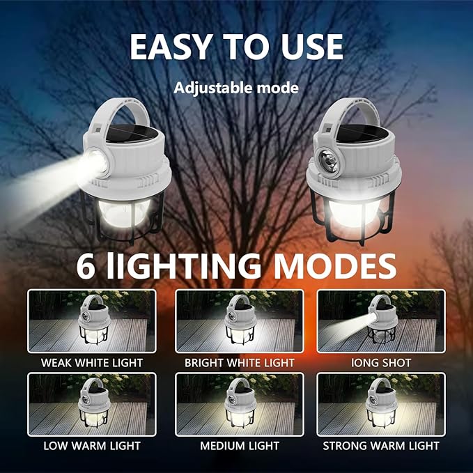 LED Camping Lantern Rechargeable, Solar Camping Lantern with USB Cable, 6 Light Modes Included with Two Light Source Modes for Hurricane, Power Outages