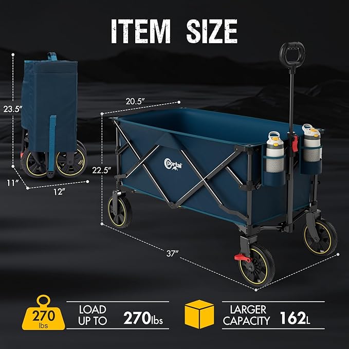 PORTAL Collapsible Folding Wagon Cart, 270 lbs Heavy Duty Foldable Wagons with Wheels & Brake, Utility Grocery carts for Apartment, Shopping, Outdoors Camping, Sports, Garden, Beach
