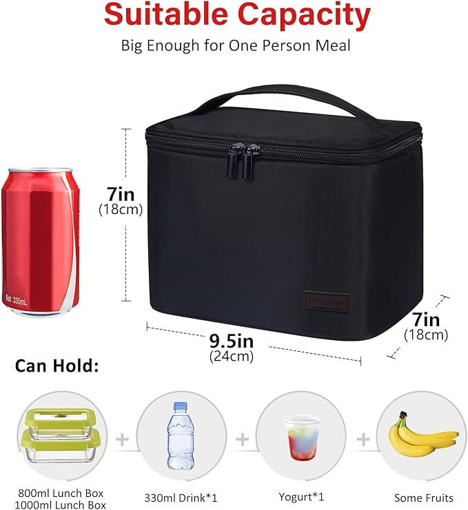 Gloppie Insulated Lunch Bag Lunch Box for Men Women Lunchbox Cooler Bag for Work Picnic, Idea for Gift, Black