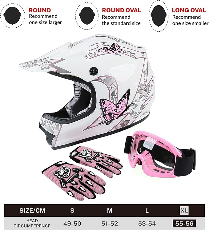 TCT-MOTORPARTS DOT Youth Kids Four Wheeler Girls Riding Helmets Motocross ATV Helmets Offroad Street Dirt Bike Go-Kart BMX MX Full Face Helmet Pink Butterfly X-Large Size