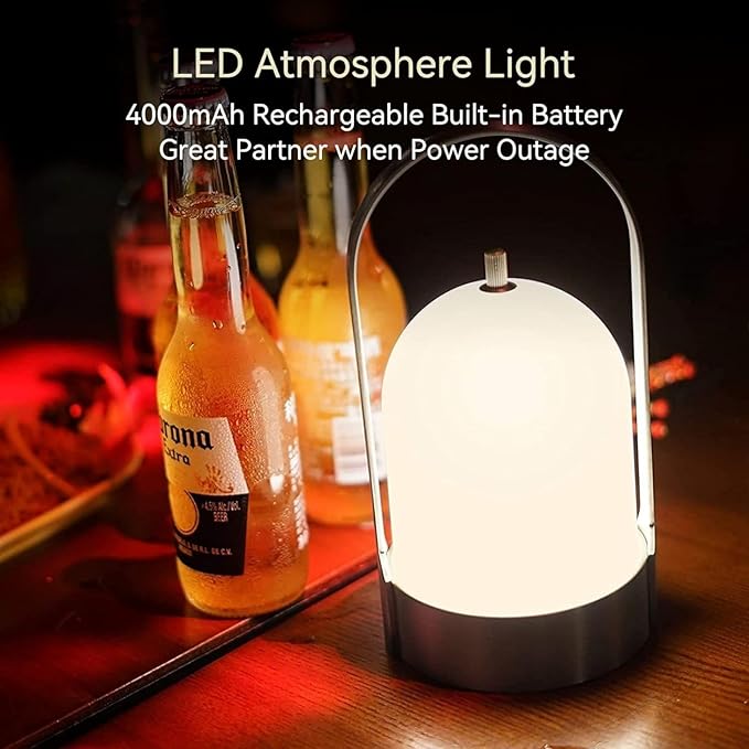Tubicen Portable Outdoor Battery Operated Lantern Table Lamp Waterproof, 4000mAh Cordless Rechargeable 4 Levels Touch Dimmable Table Lamp, LED Night Light for Patio Camping Restaurant Balcony, Nickel