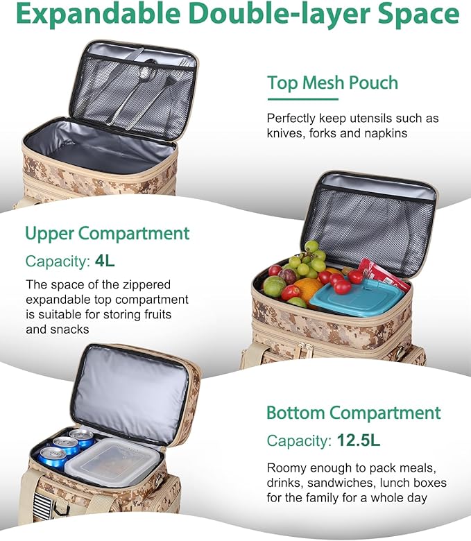 Tactical Lunch Box for Men, Large Insulated Lunch Bag Adult, Heavy Duty Double Deck Expandable Lunch Cooler Bag Leakproof Waterproof Lunch Tote for Work Office Camping Travel-Camo khaki