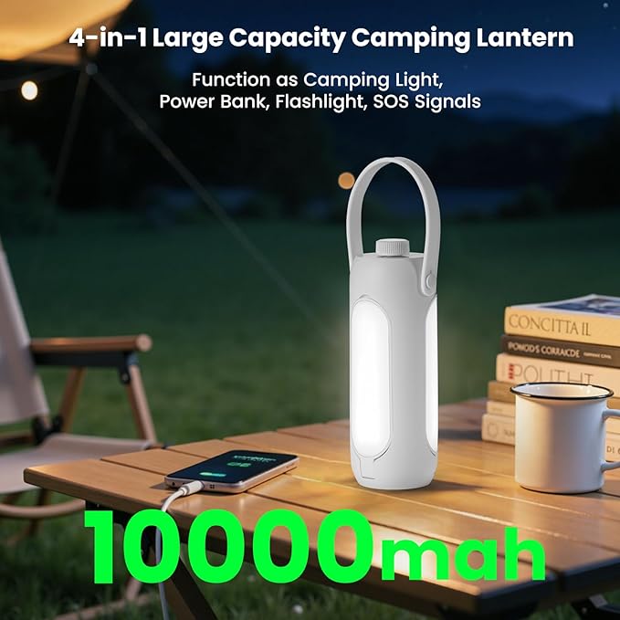 4-in-1 Multifunctional Camping Lantern, 10000mAh Rechargeable Power Bank, SOS Red Flashlight, 360° Expandable LED Light for Hiking, Fishing, Emergency, Outdoor Adventure