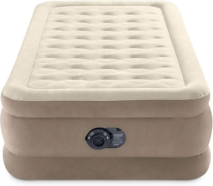 INTEX Dura-Beam Deluxe Ultra Plush Air Mattress : Fiber-Tech – Built-in Electric Pump – 18in Bed Height – 300lb Weight Capacity – Twin Size
