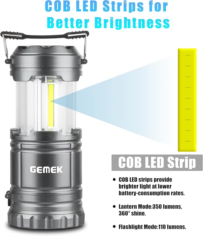 GEMEK 2 x LED Camping Lantern Battery Powered Flashlights Portable 2-in-1 Collapsible COB Lantern Lights for Camping, Car, Shop, Attic, Garage, 6 AA Batteries Included (Gray)