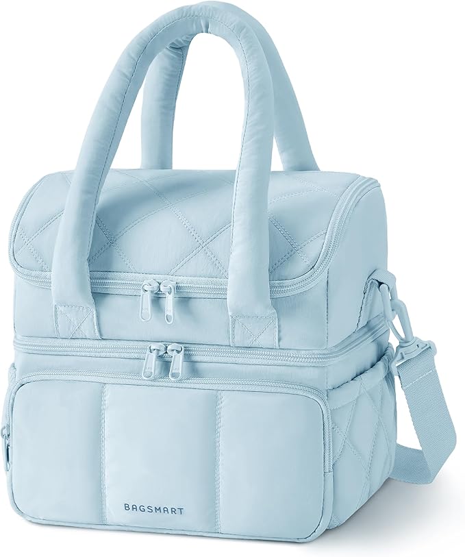 BAGSMART Lunch Bag Women, Double Deck Insulated Lunch Box, Quilted Puffer Lunch Tote, Leakproof, Durable & Reusable Large Lunch Cooler For Work Picnic Travel Meal Prep, Light Blue