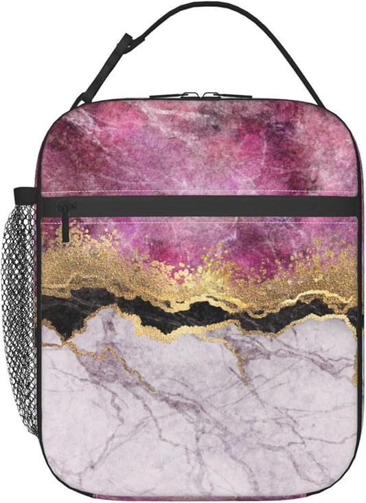 Fashion Marble Lilac Gold Purple Insulated Lunch Bag Reusable Cooler Lunch Box Portable Leakproof Thermal Container Tote Bags for Girls Boys School Travel