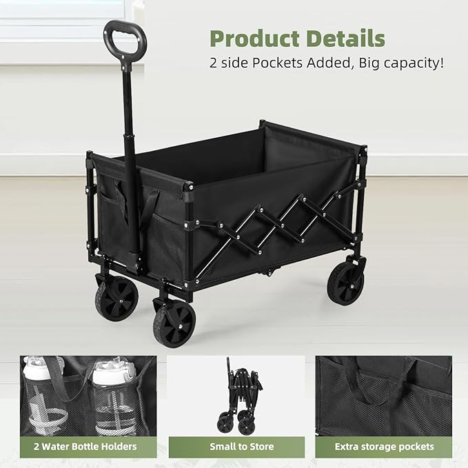Collapsible Wagon Cart Foldable, 100L Folding Wagon Cart with Wheels, Outdoor Utility Carts with 350lbs Weight Capacity for Grocery Beach Camping Shopping, Black