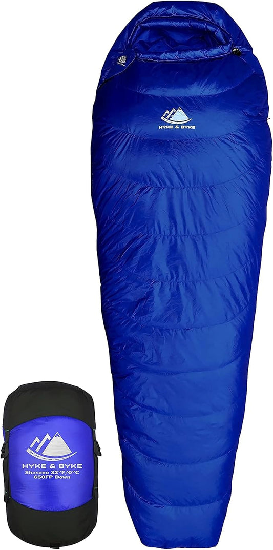 Hyke & Byke Shavano 32 F Hiking & Backpacking Sleeping Bag - 3 Season, 650FP Duck Down Sleeping Bag - Ultralight - Black - 78in - Regular
