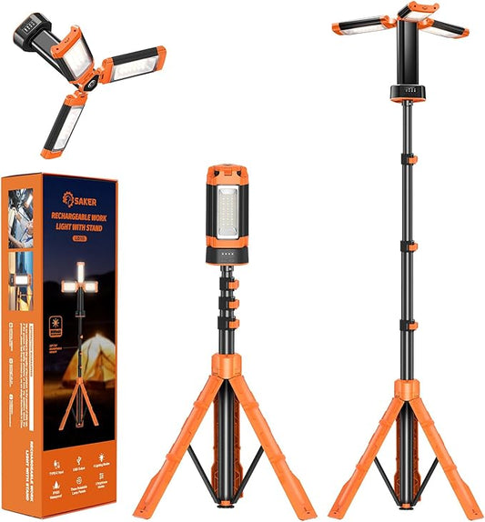 Saker Portable Camping Light with Stand 73.2" Rechargeable Work Light 800/3200 Lumen 4000/6500K Dimmable Camping Light for Outdoor Work, Power Outages, Fishing LD10 Orange