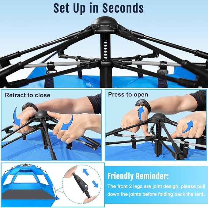 WhiteFang Deluxe Pop Up Beach Tent Sun Shade Shelter for 3-4/5-6 Person, UV Protection, Extendable Floor with 3 Ventilating Windows Plus Carrying Bag, Stakes, and Guy Lines