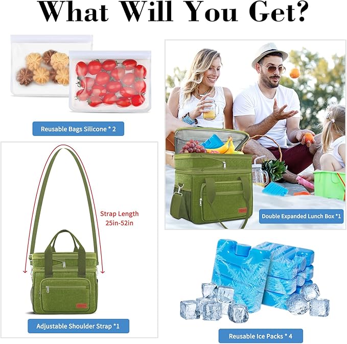 Expandable Insulated Large Cooler Lunch Box for Men 23L Heavy Duty Double Deck Leakproof Lunch Bag with 4 Ice packs&5 Snack Bags for Adult/Construction/Women/Work/Picnic/Camping -Green
