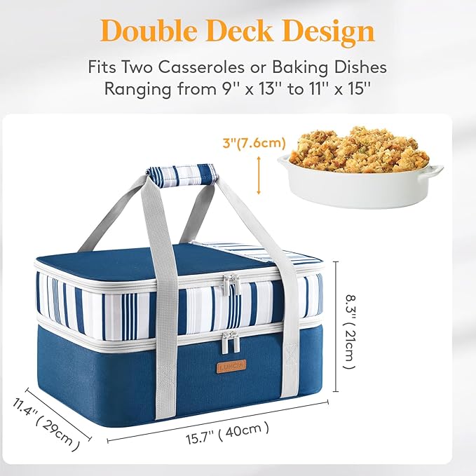 Double Decker Insulated Casserole Carrier for Hot or Cold Food, Lasagna Holder Tote for Potluck Parties/Picnic/Cookouts, Fits 9"x13" Baking Dish, Blue
