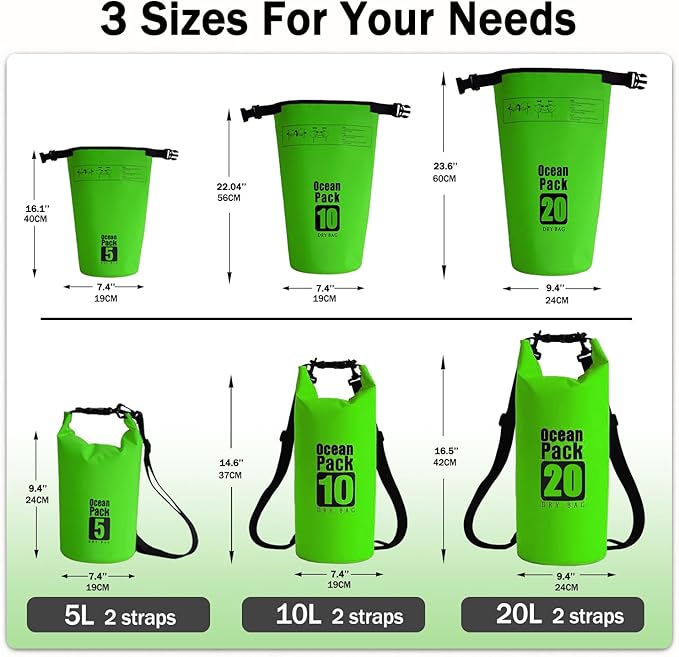 Floating Waterproof Dry Bag Backpack 5L/10L/20L, Roll Top Bag for Kayaking, Rafting, Boating, Swimming, Camping, Hiking, Beach, Fishing, Waterproof Beach Bag. (Green, 20L)