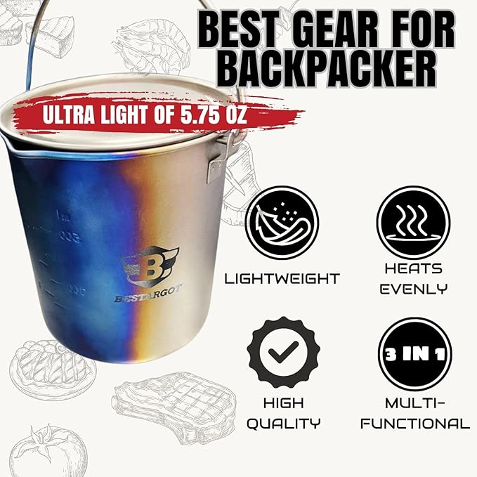 Bestargot Camping Titanium Pot, 750ml Outdoor Cup with Insulation Cup Carrier, Titanium Camping Drinkware, 132g Lightweight and Large Capacity (750 titanium)