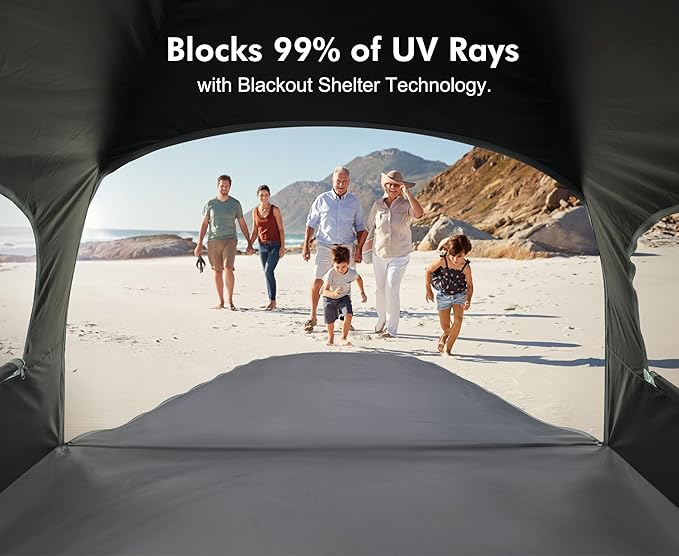 WhiteFang Beach Tent Anti-UV Portable Sun Shade Shelter for 3/4/6/8 Person, Extendable Floor with 3 Ventilating Mesh Windows Plus Carrying Bag, Stakes and Guy Lines