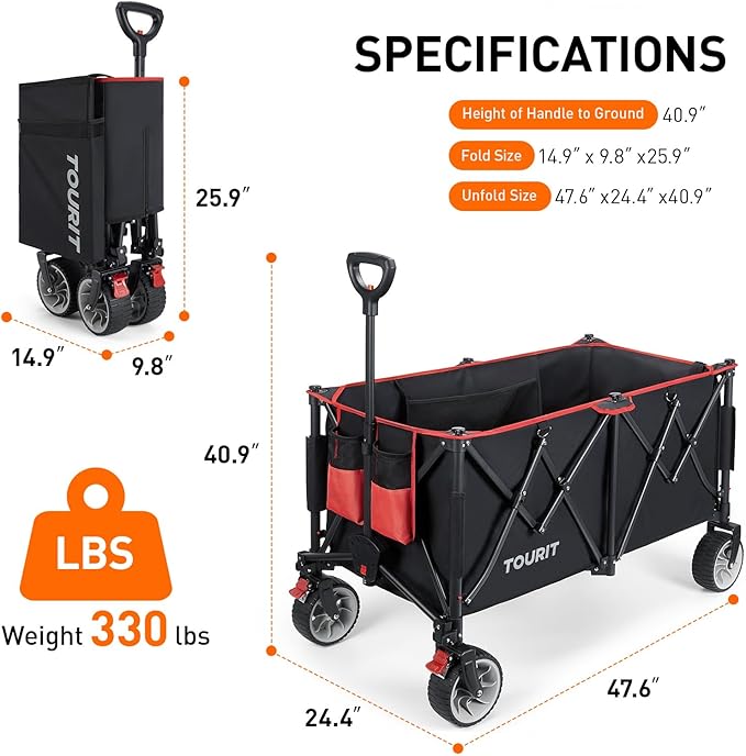 TOURIT 260L Collapsible Foldable Wagon with 330lbs Weight Capacity, Heavy Duty Folding Utility Garden Cart, Beach Wagon with Big All-Terrain Wheels & Drink Holders, Black