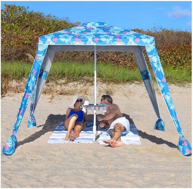 6x6 Easy Up Cabana – Sun Shelter with Privacy Wall, Canopy with Umbrella Table Tray, Towel Hanger & Sand Anchor (Flowers)