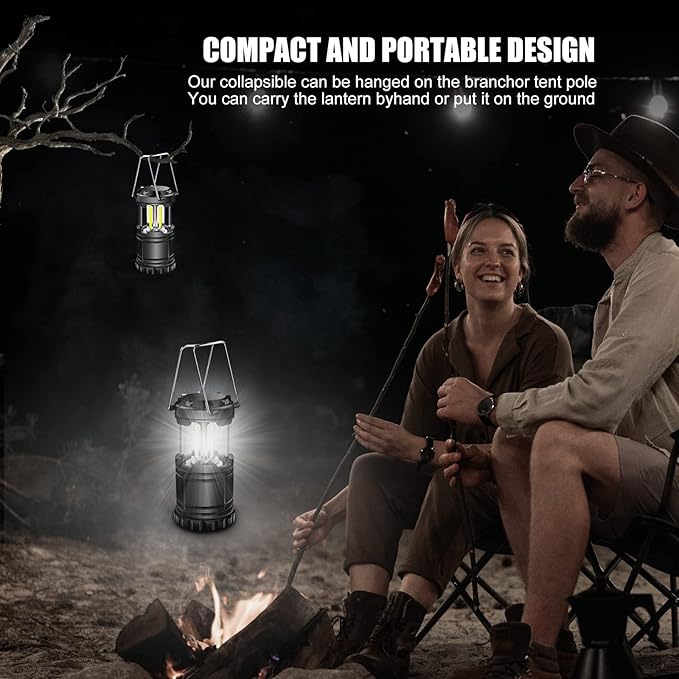 EXTRASTAR 2 Pack LED Battery Operated Lights, Portable Survival Battery Powered Lamp, Waterproof Camping Lantern, Suitable for Hurricane, Emergency, Storm, Outages, Outdoor Collapsible Lanterns, Black