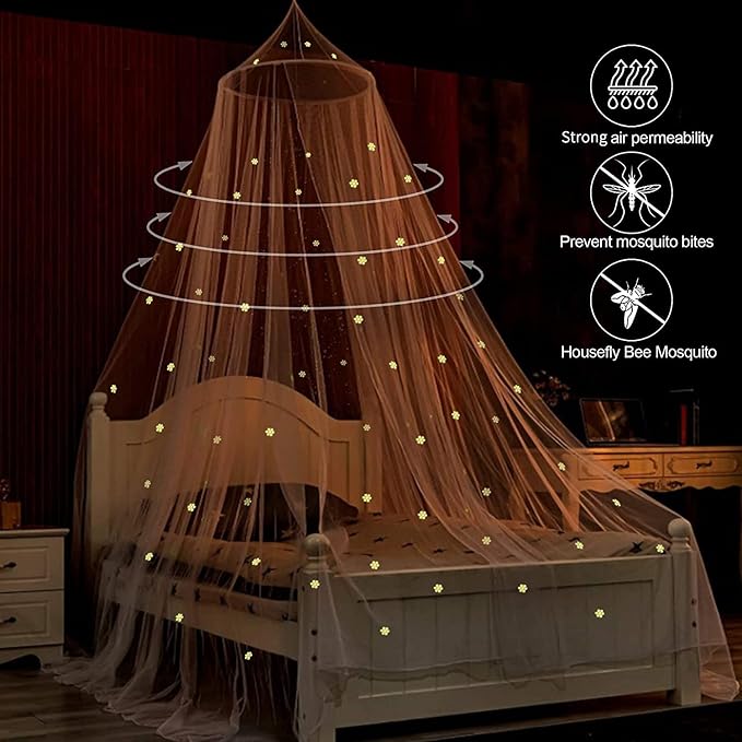 Mosquito Net for Bed, Large White Bed Canopy for Girls, Hanging Bed Net, Ideal for Bedroom Decorative, Travel with Storage Bag (Snowflake)