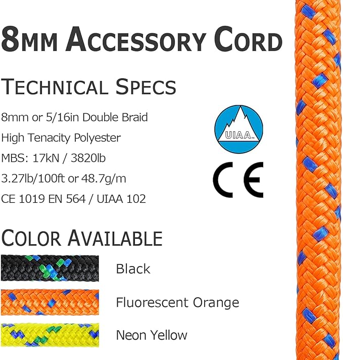 GM CLIMBING 8mm (5/16in) Accessory Cord Rope Double Braid Pre Cut CE/UIAA