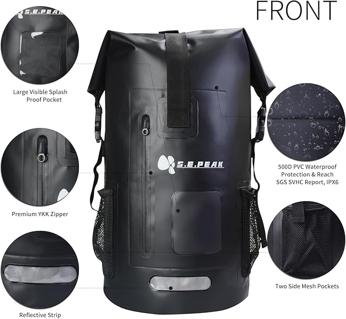 SEPEAK 35L Waterproof Marine Dry Bag, Roll Top Backpack, Heavy Duty Dry Sack for Kayaking, Boating,Swimming,Diving,Surfing,Rafting,Fishing,Camping,Hiking,with Reflective Strip,Black
