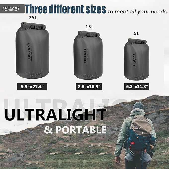 Frelaxy Waterproof Dry Bag 2 Pack/3 Pack, Lightweight Portable Dry Bags, 5L & 15L & 25L Durable Dry Sack Set Keep Gear Dry for Hiking, Camping, Boating, Backpacking, Kayaking (3 Pack - Gray)