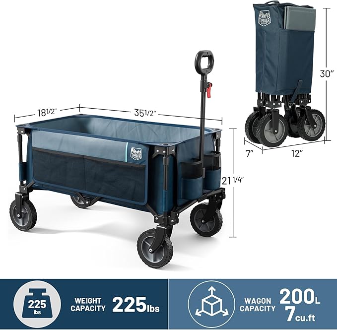 TIMBER RIDGE Collapsible Outdoor Folding Wagon Cart Heavy Duty Camping Patio Shopping Garden Cart with Side Bag Cup Holder, Blue