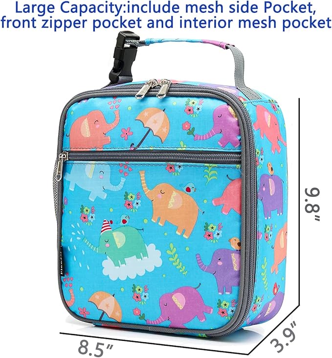FlowFly Kids Lunch box Insulated Soft Bag Mini Cooler Back to School Thermal Meal Tote Kit for Girls, Boys, Elephant