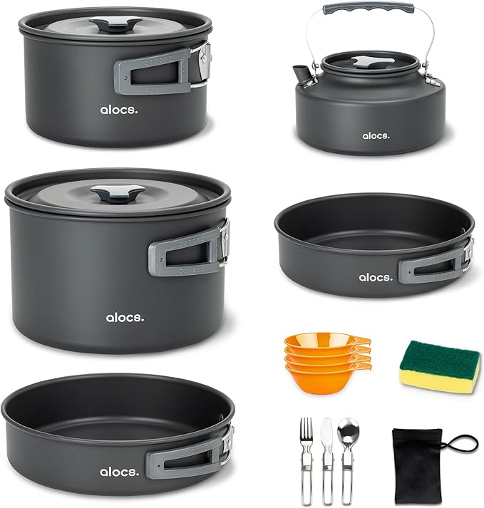 Alocs 17pcs Camping Cookware Camp Kitchen Set with Kettle, Aluminum Camping Cooking Set Backpacking Gear for Hiking,Traveling,Climbing and Picnic