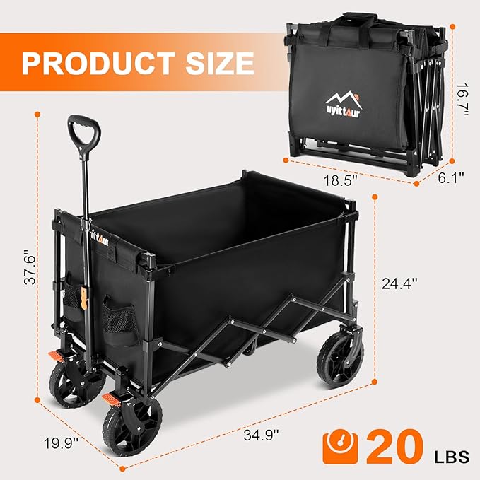 140L Collapsible Wagon Cart Foldable, Portable Folding Wagon with Silent Universal Wheels, Utility Grocery Cart for Camping Sports Shopping, Black