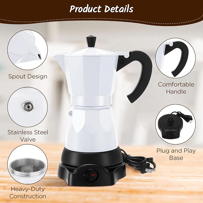 Coffee Pot 6 Cup Electric Espresso Coffee Maker Italian Moka Maker 300ml Portable Aluminum Espresso Machine Cafetera Moka Pot with Detachable Base, Gift for Home Travel(White)