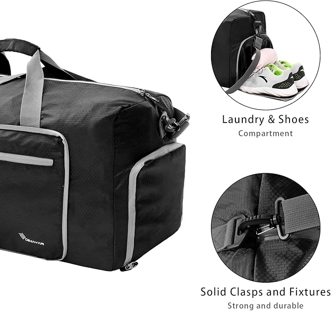Dimayar Travel Duffle Bag for Men Women - Foldable Duffel Bag with Shoes Compartment - Overnight Bags Waterproof & Tear Resistant(85L,Black)
