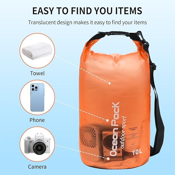 Waterproof Dry Bag for Women Men,10L/15L Roll Top Lightweight Dry Storage Bag Backpack,Floating Sack with Waterproof Phone Case, Kayaking,Swimming, Camping, Hiking, Beach (Orange, 10L)