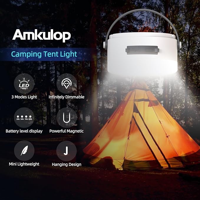 Hanging Camping Tent Light with Stepless Dimming & Magnetic Base, USB-C Rechargeable LED Lantern for Outdoor Glamping, Emergencies, Indoor Outages (Portable Waterproof, Power Bank Function)