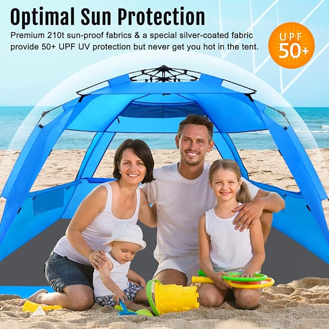 WhiteFang Deluxe Pop Up Beach Tent Sun Shade Shelter for 3-4/5-6 Person, UV Protection, Extendable Floor with 3 Ventilating Windows Plus Carrying Bag, Stakes, and Guy Lines