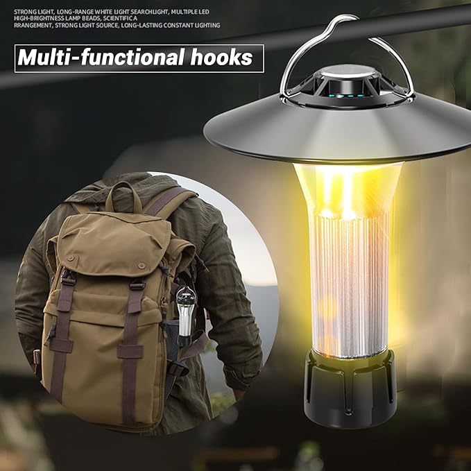 FZH Rechargeable Camping Lantern - 2200mAh Power Bank with Type-C Fast Charging , 100 Lumens Camp Lantern with 3 Light Modes, Stepless Dimming Suit for Emergencies, Camping, Hiking