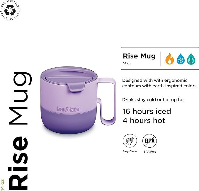 Klean Kanteen Rise Tumbler - Insulated Stainless Steel Tumbler w/ Flip Lid, 16 oz, Lilac