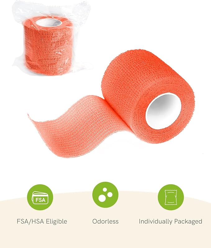 FriCARE Self Adhesive Bandage Wrap, Medical Tape in First Aid Kit, Cohesive Bandages for Wounds Sport Vet, FSA/HSA Eligible, 2 Inches X 5 Yards 6 Rolls, Fluorescent Orange