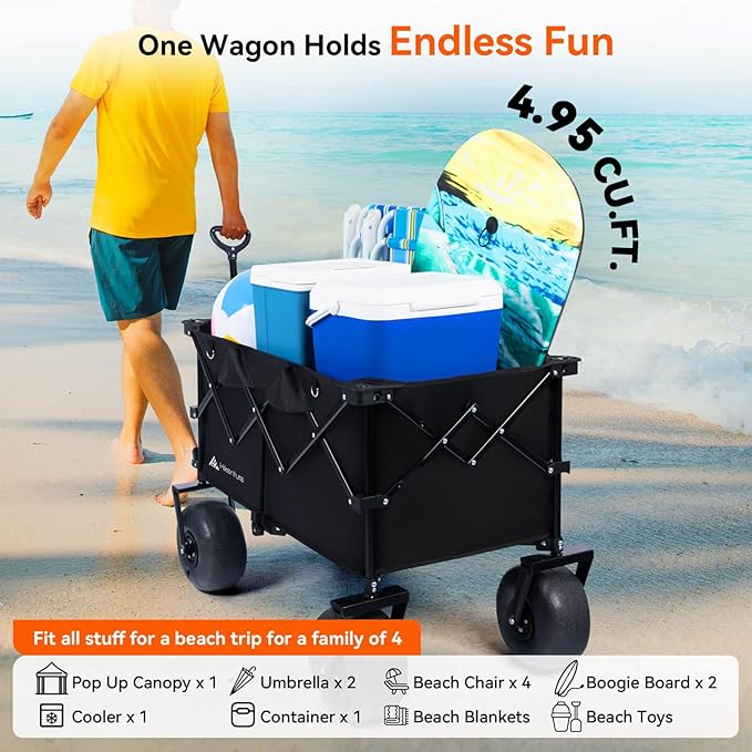 Hikenture Beach Wagon with Balloon Wheels, 9" PU Tires Collapsible Wagon, 308lbs Heavy Duty Beach Cart with Big Wheels for Sand, Large Capacity Utility Wagons Carts Foldable