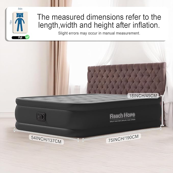 Air Mattress Full with Built in Pump, Quick Self Inflatable Mattress, 18" Raised Portable Air Mattress with Built in Pump, Blow up Air Bed for Travel, Camping and Guests. (18" Full, Gray)