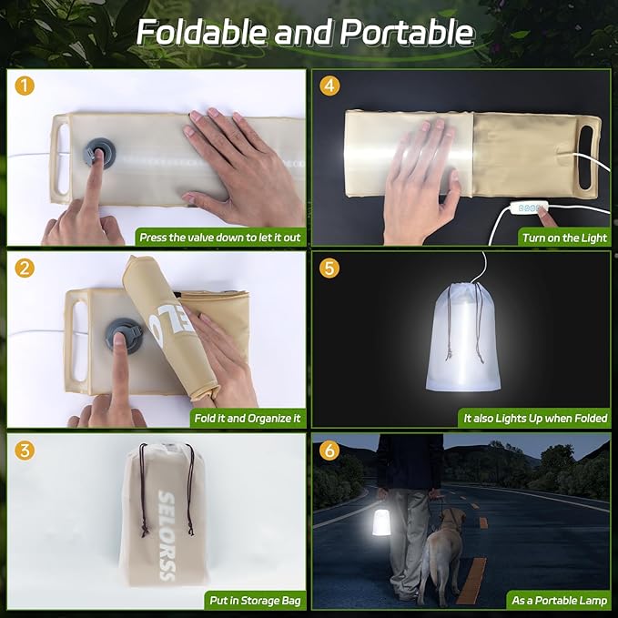SELORSS Portable Inflatable Folding Outdoor Camping Light, IP66 Waterproof Standard with USB Plug for camping, hiking, traveling and other outdoor environments.(Khaki)