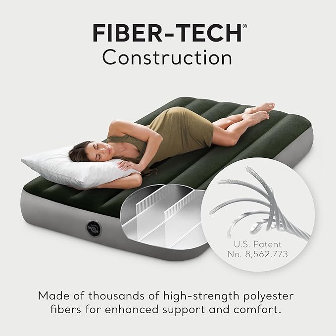 Intex 64761E Dura-Beam Standard Downy Air Mattress: Fiber-Tech – Twin Size – Built-in Foot Pump – 10in Bed Height – 300lb Weight Capacity