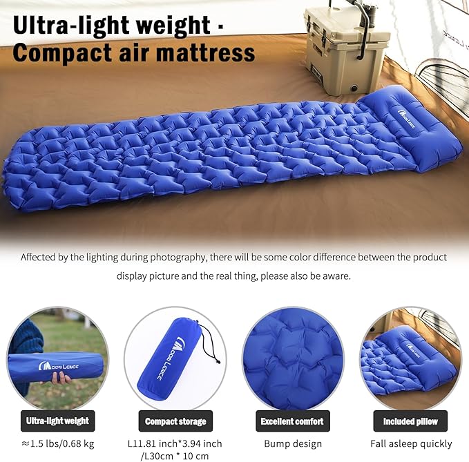 MOON LENCE Sleeping Pad for Camping, Inflatable Sleeping Mat Camping Mat with Pillow, Compact Ultralight Waterproof Camping Mattress for Backpacking, Hiking, Traveling (Azure)