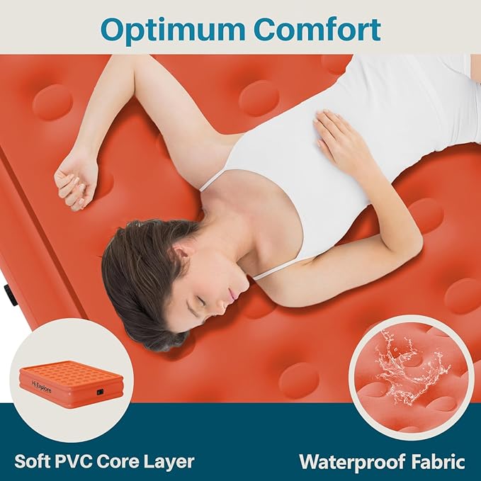 Air Mattress Twin with Built in Pump, 18" Foldable Blow Up Mattress, Portable Comfort Self Inflating Mattress with Flocked Top, Storage Bag for Camping, Home, Guests, Orange