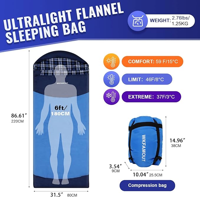 Backpacking Flannel Sleeping Bag Lightweight for Adults Hiking Ultralight Compact Sleeping Bag Portable Warm Weather Summer with Compression Sack