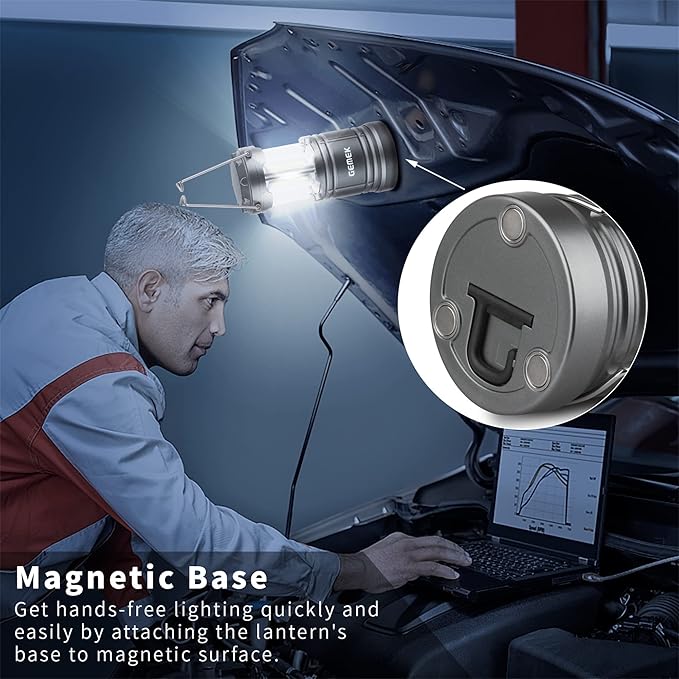 GEMEK Camping Lantern, 2 Portable LED Battery Powered Lantern with Magnetic Base & Foldable Hanging Hook- Collapsible Lamp Perfect for Power Outages, Hiking, Campsites, Roadside Car Repair (Gray)